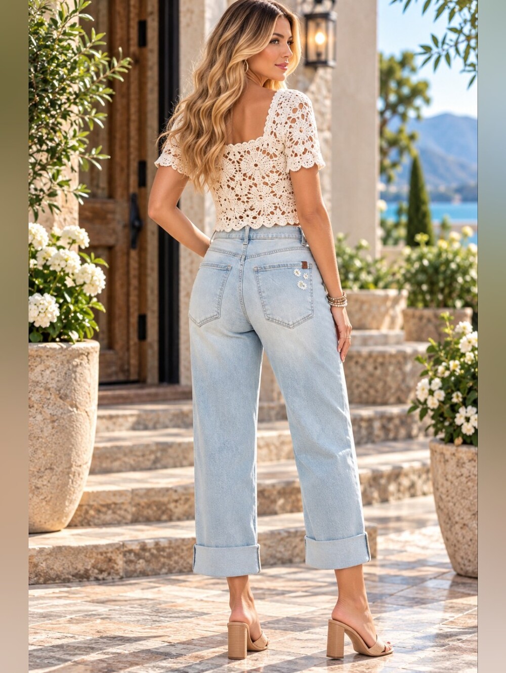 Jessica Simpson Light Wash Embroidered Daisy Cuffed Boyfriend Jeans Size 12 - Picture 2 of 7